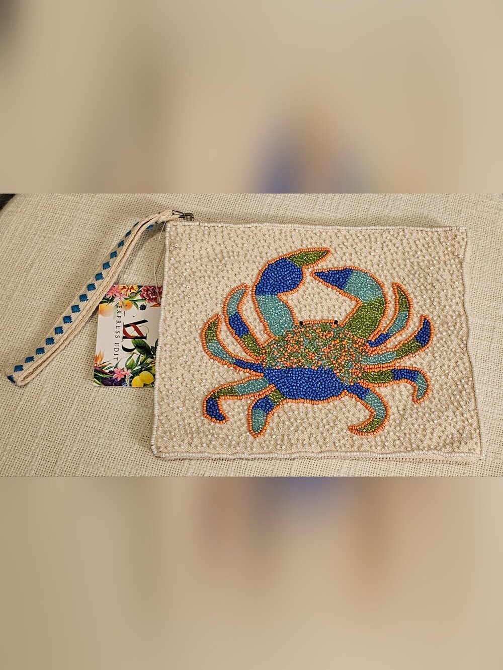 Beaded Crab Wristlet Clutch in Cream with Multicolor Embroidery